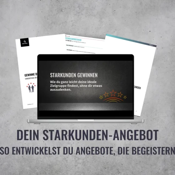 Ein Laptop mit einer Präsentation mit dem Titel „Starkunden Gewinnen“ und Dokumenten im Hintergrund. Der Text lautet: „Dein Starkkunden-Angebot: So entwickelst du Angebote, die begeistern.“
