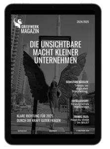 Das Cover des Greifwerk Magazins 2024/2025 zeigt eine geflügelte Statue vor einer Stadtlandschaft, mit einem Text zu digitalem Storytelling, Webdesign-Strategien und Trends für 2025. Tauchen Sie ein in unsere Jahresreflexion 2023 und erfahren Sie aufschlussreiche Überlegungen zur Zukunft der Kreativbranche.