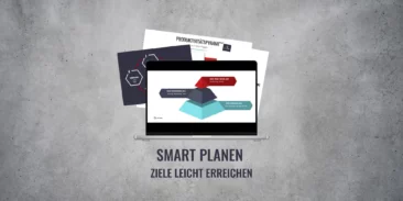 Auf einem Laptop wird ein Produktivitätsdiagramm mit Papieren dahinter angezeigt. Der Text unten lautet: „SMART PLANEN ZIELE LEICHT ERREICHEN.