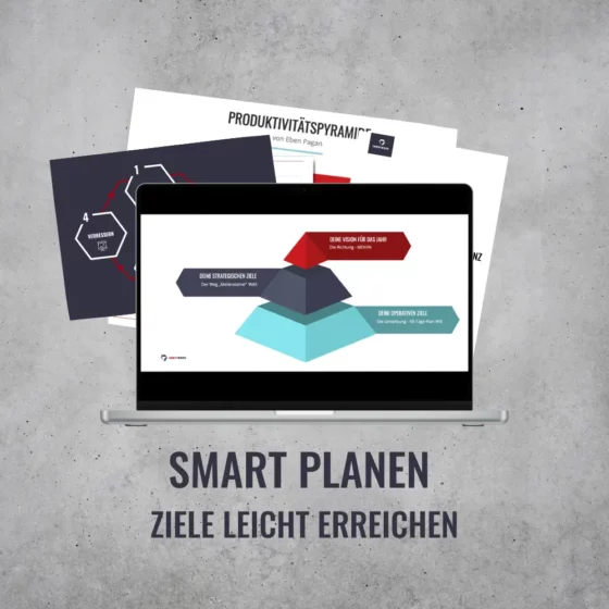 Auf einem Laptop wird ein Produktivitätsdiagramm mit Papieren dahinter angezeigt. Der Text unten lautet: „SMART PLANEN ZIELE LEICHT ERREICHEN.